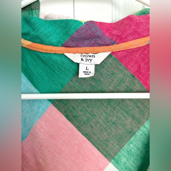 Crown & Ivy Linen Blend Colorful Patchwork Ruffle Sleeveless Top-Size L - Picture 2 of 7